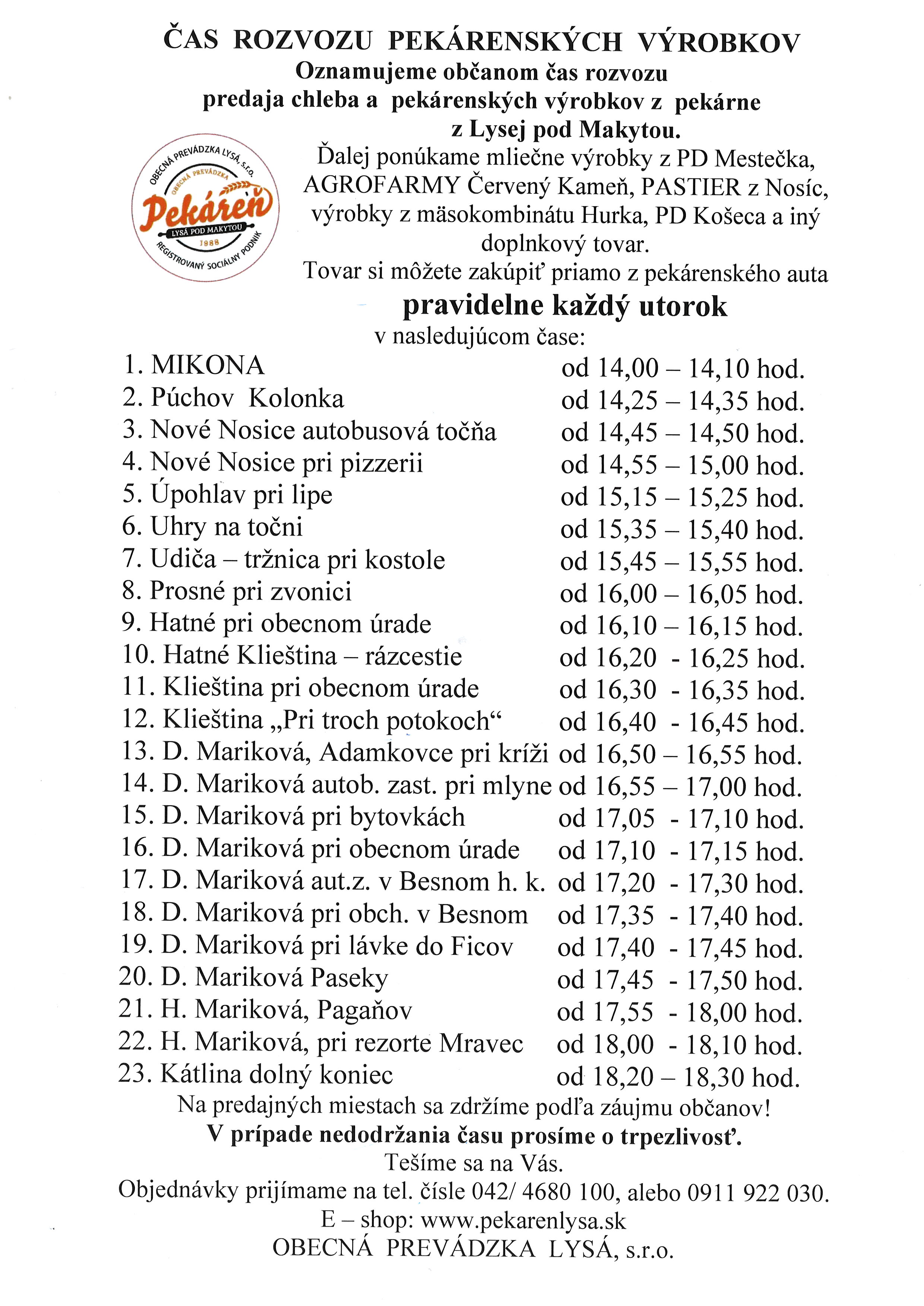 predaj chleba Mar�kov� a okolie